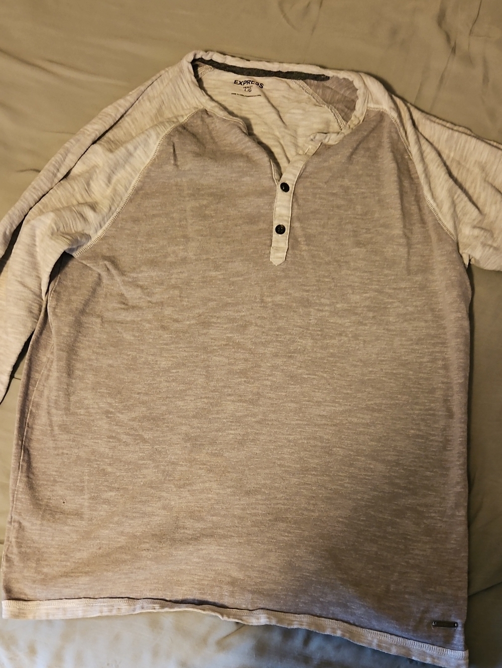 Express Men’s Long Sleeve Henley - Light Gray and White Raglan